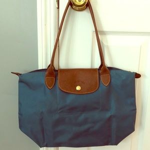 Small teal Longchamp lepliage bag